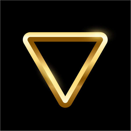 Gold triangle frame for picture on black background. Blank space for picture, painting, card or photo. 3d realistic modern template vector illustration. Simple golden object mockupのイラスト素材