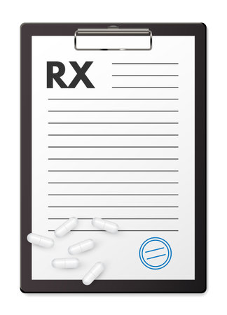Prescription rx medical pad and pharmacy drug pills, realistic 3d medicine paper blankのイラスト素材