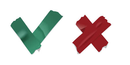 Adhesive tape signs for yes and no set. Red cross and green tick symbol in sticky duct paper strips, cuts, textured and glued vector illustration. Realistic image on white backgroundのイラスト素材