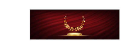 Golden podium for first place with laurel wreath. Gold rank on stage on red curtain background. Championship in sport or movie victory in competition vector illustrationのイラスト素材
