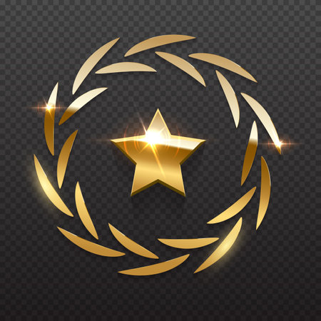 Gold star and circle laurel wreath shine, round badge prize for winner, award trophyのイラスト素材