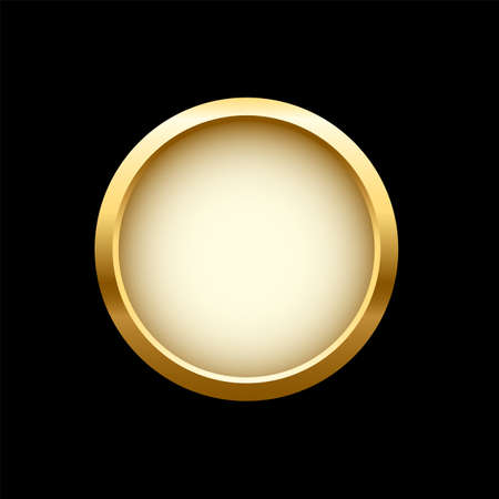 White button in round gold frame, 3d shiny metal golden circle on green push click buttonのイラスト素材