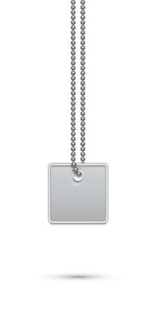 Empty square silver military or dogs badge hanging on steel chain. Vector army object isolated on white background. Pendant with blank space for identification, blood type in case of death and injury.のイラスト素材