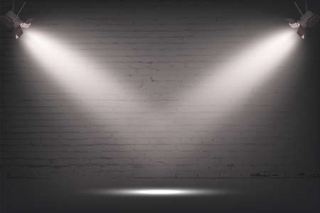Grey brick wall with spotlight, stone background. Light from two lamps on concrete texture vector...