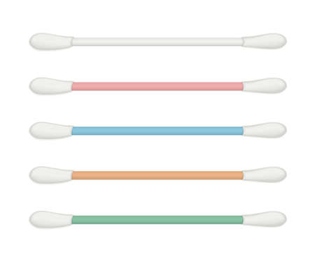 Cotton swabs with absorbent wool buds on differnt color plastic stick, medical, makeup or hygienic tools setのイラスト素材