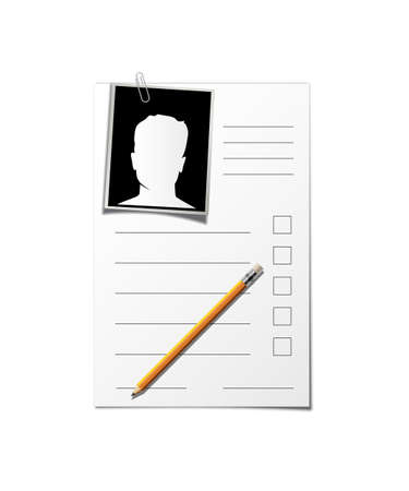 Cv form, paper document with photo, 3d pencil to fill in graph lying on questionnaireのイラスト素材