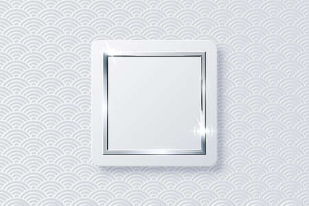 Realistic vector sparkling shiny glowing silver square on white button isolated on abstract chinese traditional oriental ornament pattern with wave. Rectangle frame with spark light effect.のイラスト素材