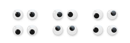 Toy eyes set vector illustration. Wobbly plastic open eyeballs of dolls looking up, down, left,...