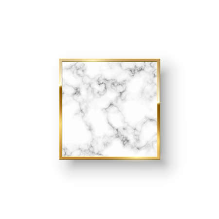 Golden square frame with marble pattern inside vector illustration. Realistic 3d shiny design decoration with gold metal line border and glossy effect isolated on white background.のイラスト素材