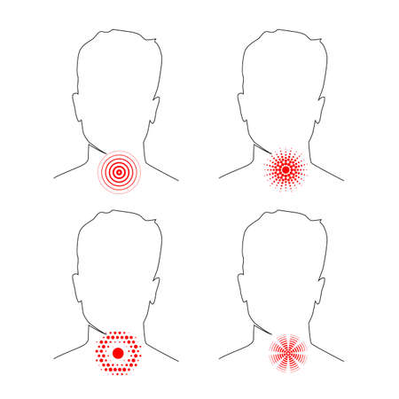 Sore throat, abstract outline human body with pain location on neck of red circle linesのイラスト素材