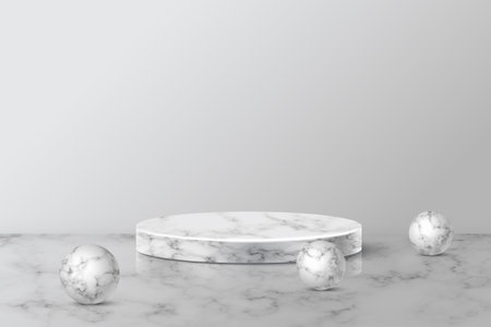 3d marble podium platform for product ad, abstract pedestal of round shape and ballsのイラスト素材