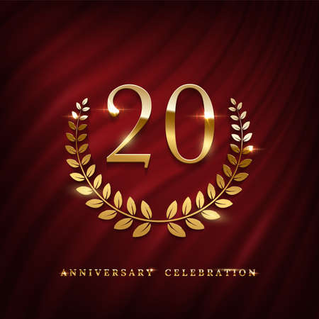 Anniversary celebration poster with golden number twenty template. Birthday, jubilee or wedding with laurel sign vector illustration. Invitation to celebrate. Shiny number on red curtain background.のイラスト素材