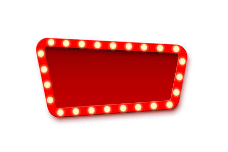 Retro announcement board sign. Cinema billboard or theatre signage, jackpot in lottery victory vector illustration. Red commercial sign board with light bulbs on white backgroundのイラスト素材
