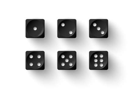 Dice game with black cubes with white dots vector illustration. 3d realistic gambling objects to play in casino, dice from one to six dots and rounded edges design isolated on white backgroundのイラスト素材