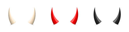Devil horn set. White, red and black demon or satan Halloween carnial elements. Mobil app attributes isolated on white background.のイラスト素材