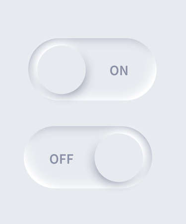 Neumorphism UI, on and off buttons set, neumorphic white 3d slider bars, unlock and lock
