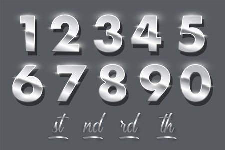 Silver number metal set, 3d shiny chrome or stainless steel numbers with glossy effectのイラスト素材