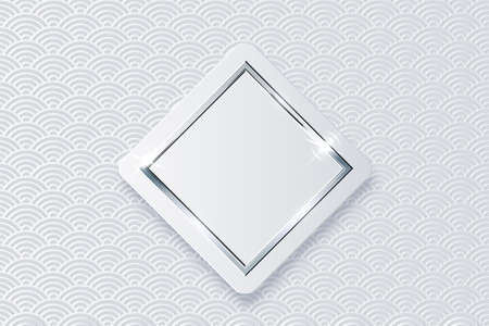 3d rhombus white button with shiny silver, chrome or steel metal square frame vector illustration. Realistic modern geometric sticker element on sea wave seamless pattern background.のイラスト素材