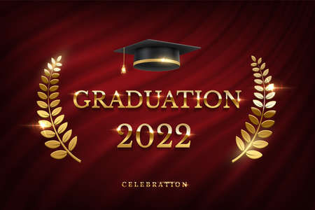 2022 graduation ceremony banner. Award concept with academic hat, golden ribbon and text on dark red...