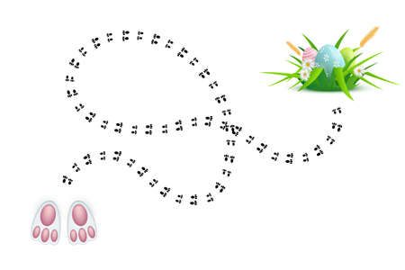 Happy Easter, 3d realistic cute bunny foots and animal footprints leading to festive eggsのイラスト素材