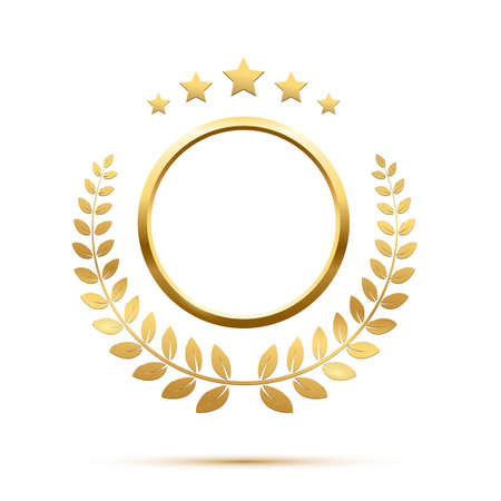 Gold round frame, stars and circular wreath from olive leaf, 3d golden anniversary medalのイラスト素材