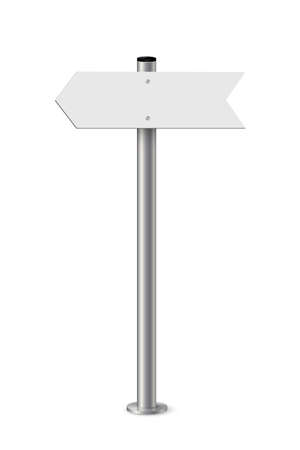 Signpost with blank direction sign on road. Metal pole with white arrow board vector illustration. Retro steel street post isolated on white background. Simple empty crossroad bannerのイラスト素材