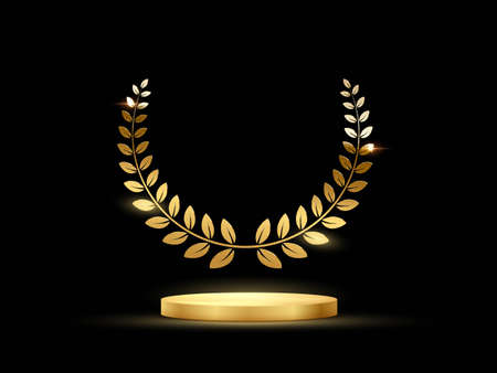 Golden podium for first place with laurel wreath. Gold rank on stage on black background. Championship in sport or movie victory in competition vector illustrationのイラスト素材