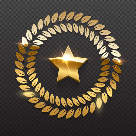 Gold star and circle laurel wreath shine, round badge prize for winner, award trophyのイラスト素材