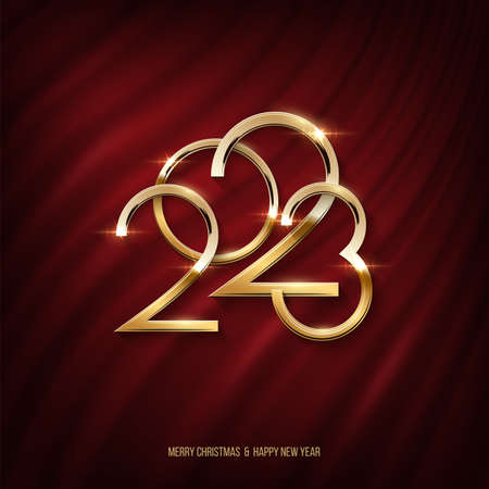 Golden 2023 number vector illustration. Merry Christmas and Happy new year banner template. Festive...