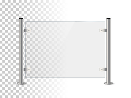 Glass or plexiglass fence with banisters. Architectural guardrail for balcony or office terrace vector illustration. Realistic modern decoration front view on transarent background.のイラスト素材