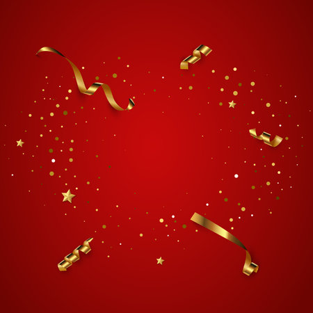 Festive background vector illustration. Elegant colorful wallpaper design. Creative backdrop with golden ribbons, stars and confetti, square red and gold banner with copyspaceのイラスト素材
