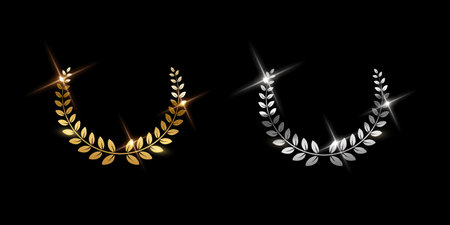Gold and silver shiny laurel wreath signs isolated on black background. Vector award symbols.のイラスト素材