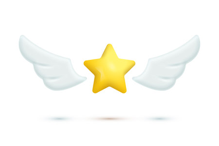 Gold star with wings, 3d icon vector illustration. Yellow flying object for game UI, abstract currency, finance and success symbol with shadows isolated on white backgroundのイラスト素材