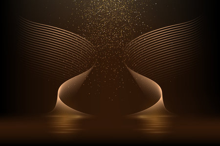 Gold light wings with glowing on black background. Yellow neon bright flare lines shining with mirror reflection on water vector illustration. Motion flow effects with blurのイラスト素材