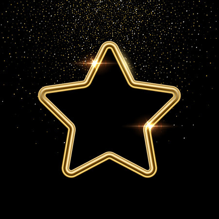 3d star shape with golden frame vector illustration. Realistic isolated website element, golden glossy label for game UI, badge of navigation menu with shiny light effect on borderのイラスト素材