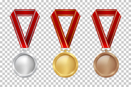 Golden, silver and bronze blank medals hanging on red ribbons isolated on transparent background. Vector sports design elements templateのイラスト素材