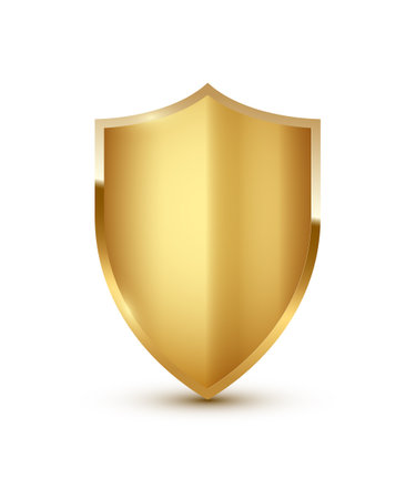 Gold shield vector illustration. Realistic isolated golden armory trophy with metal coat, 3d luxury safety protection emblem, vintage blank shiny royal awardのイラスト素材