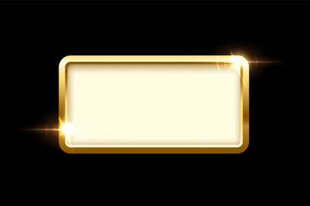 3d plate button of rectangle shape with golden frame vector illustration. Realistic isolated website element, golden glossy label for game UI, badge of navigation menu with light effect on borderのイラスト素材
