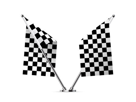 Black and white crossed race flags, 3D checkered flags on metal pole for start and finishのイラスト素材