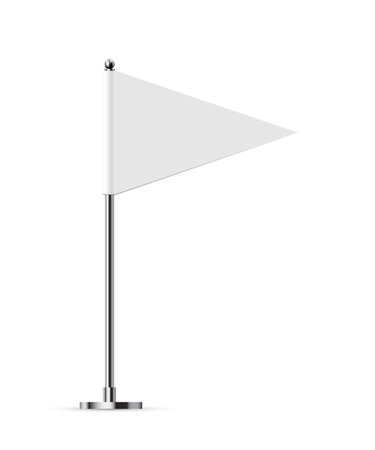 Desk or table triangle flag on chrome pole mock up. White paper or fabric flag on metal stand. Promotional and advertising vector template isolated on white backgroundのイラスト素材