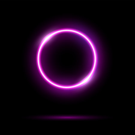 Glowing neon purple circle isolated on black background. Round electric pink light frame. Geometric fashion design vector illustration. Empty minimal ring art decorationのイラスト素材