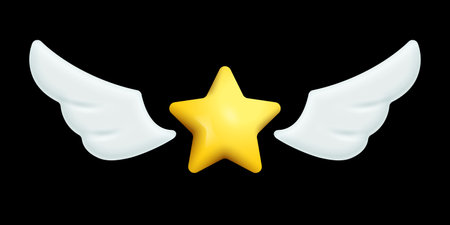 Gold star with wings, 3d icon vector illustration. Yellow flying object for game UI, abstract currency, finance and success symbol with shadows isolated on black backgroundのイラスト素材