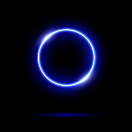 Glowing neon blue circle isolated on black background. Round electric light frame. Geometric fashion design vector illustration. Empty minimal ring art decorationのイラスト素材