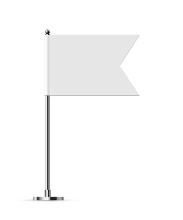 Desk or table flag on chrome pole mock up. White paper or fabric flag on metal stand. Promotional and advertising vector template isolated on white backgroundのイラスト素材