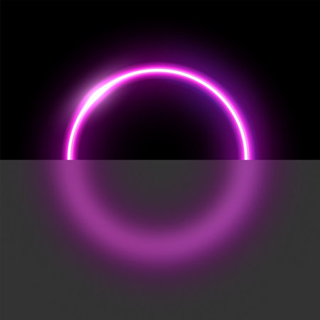 Purple neon circle with glassmorphism effect vector illustration. Abstract luminous LED ring with blurred glass, shiny round frame of laser for poster or banner, futuristic techno presentationのイラスト素材