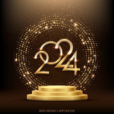 2024 gold numbers in shiny circle on golden podium vector square banner template. Winter holiday, New Year and Christmas congratulations. Festive postcard, luxurious greeting card concept.のイラスト素材