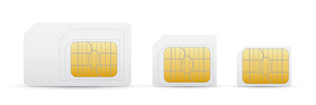 Set of different sizes SIM cards. White SIM, micro and nano cards with gold chip for mobile phone. Vector gsm simcards 3d design isolated on white backgroundのイラスト素材