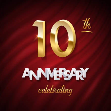 10 golden numbers, Anniversary white paper text and Celebrating word made of golden ribbons on red curtain background. Vector ten anniversary celebration event square templateのイラスト素材