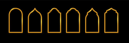 Islamic window or door arch shape set. Muslim arab gold frames collection isolated on black background. Mosque gates, arabesque patternsのイラスト素材