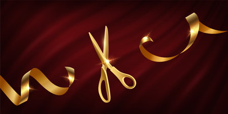 Golden scissors cut gold ribbon on red curtain background realistic illustration. Grand opening ceremony symbols, 3d accessories, traditional ritual before launching new business, campaignのイラスト素材